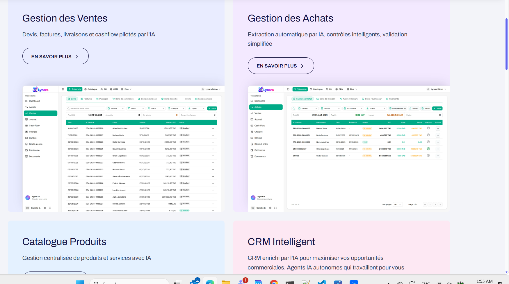 Lynara screenshot: list of quotes, customers, dates and amounts.